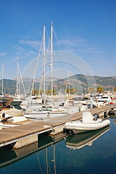 View of yacht marina of Porto Montenegro on sunny autumn day.  Montenegro, Tivat city