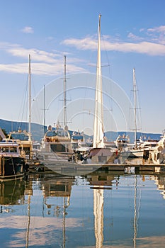 View of yacht marina of Porto Montenegro on sunny day. Tivat city. Montenegro, Adriatic Sea, Bay of Kotor