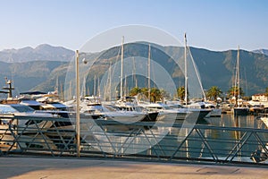 View of yacht marina of Porto Montenegro on sunny day.  Montenegro, Tivat city