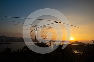 View of Yagi antenna at sunset on lamma island,