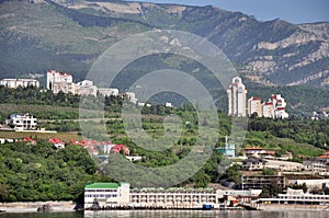 view of yalta houses hotels and motels near the sea coast black sea in ukraine the photo was taken the boat into the sea during