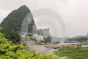 View of Yangshuo green hills and Lijiang river