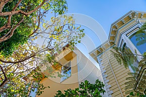 View of yellow rowhouses peaks from below at San Francisco, CA photo