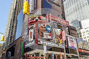 View of Yellow Traffic Lights in Manhattan Times Square, New York City, USA. Multicolored Billboards  and Signs