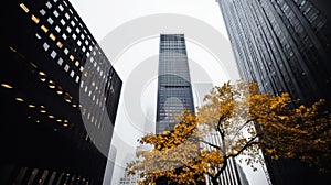 A view of a yellow tree in front of tall buildings, AI