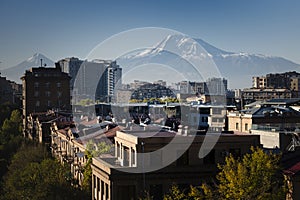 View of Yerevan with the snow-white peak of Ararat mountain in the background. Armenia.