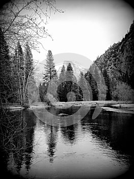 View of the Yosemite creek in the Yosemite Valley, Sierra Nevada, Black and White