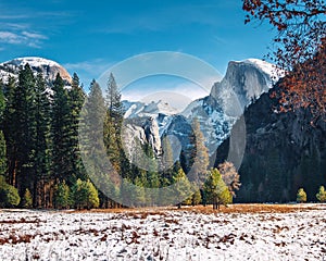 View of Yosemite Valley at winter with Half Dome - Yosemite National Park, California, USA