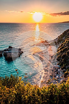 View of the Zakyntos coast at sunrise at Xigia Sulfur Beaches Greece