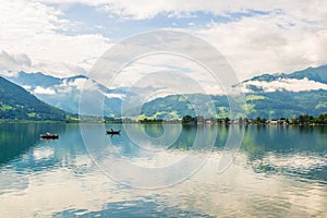 View of the zeller lake during sunrise near Zell am See, Austria....IMAGE