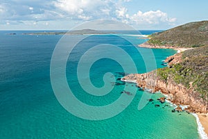 View of Zenith Beach, Fingal Spit and Shark Island, Port Stephens, Australia