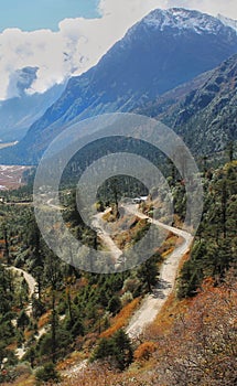 View of zig zag road passing through the valley ,forest and mountains