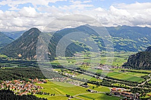 View into the zillertal valley with its villages in austria