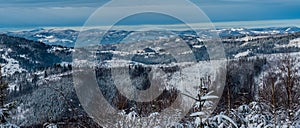 View from Zonka hill above Oscadnica village in winter Kysucke Beskydy mountains in Slovakia