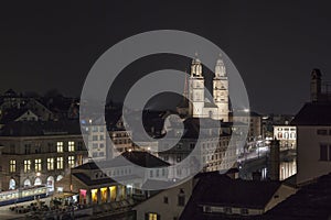 View of Zurich with Grossmunster church in evening, Switzerland