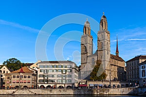 View of Zurich old town and Limmat river at dusk