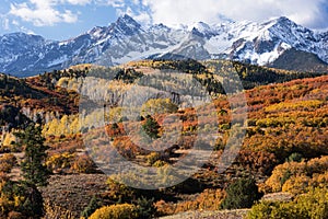 Viewed from the Dallas Divide is the Mount Sneffels Range within the Uncompahgre National Forest, Colorado.