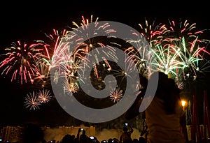 Viewers watch beautiful fireworks in the sky