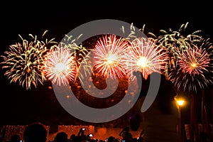 Viewers watch beautiful fireworks in the sky