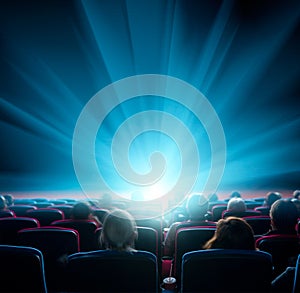 Espectadores mirar brillante la luz en el cine 