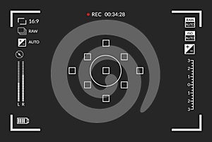 Viewfinder video recording. Camera focusing screen. Black screen camera with video shooting parameters, video quality