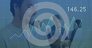 Viewing left man in lightshirt checking data office with blue-chartoverlay146