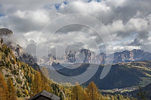 Viewing to the Conturines and Monte Cavallo from Passo Sella. A beautiful Fall Day in the Dolomites looking over a scenic view and