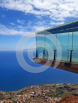 Viewing walkway suspended over the sea with a view of the Teide Volcano. Abrante viewpoint on the island of La Gomera.