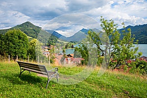 viewpoint with bench, Weinberg hill Schliersee with lake and bavarian alps