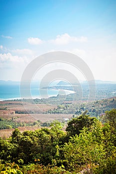 Viewpoint on Chumphon coastline from Buddha gold statue at Wat Khao Chedi-Phra Yai temple located on top of hill, Pathio, Chumphon