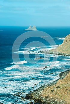Viewpoint on famous Benijo Beach seen from above with ocean waves, Tenerife, Spain. Scenic sea shore landscape.