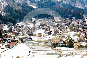 Viewpoint of historic village Shirakawa-go and Gokayama, Gassho-zukuri houses on winter