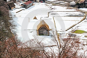 Viewpoint of historic village Shirakawa-go and Gokayama, Gassho-zukuri houses on winter