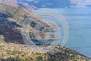Viewpoint at lake Atitlan - view to the small villages San Marcos, Panajachel and San Marcos at the lake in the highlands of