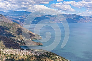 Viewpoint at lake Atitlan - view to the small villages San Marcos, Panajachel and San Marcos at the lake in the highlands of