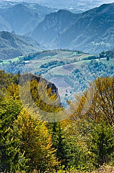 Viewpoint on a landscape of mount Bobija, peaks, hills, meadows and green forests