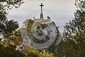 Viewpoint in Mallorca. Cruz del Picot. San Salvador santuari. Landmark