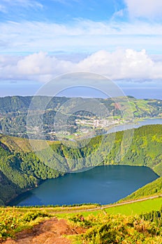 Viewpoint Miradouro da Boca do Inferno in Sao Miguel Island, Azores, Portugal. Amazing crater lakes surrounded by green fields and