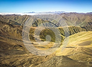 Viewpoint panorama from Atsunta pass top to Khevsureti region in Georgia.