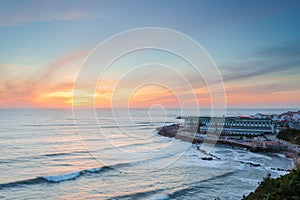 Viewpoint with panoramic landscape of the picturesque village of Ericeira at sunset. Close to Lisbon this fishing village is an am