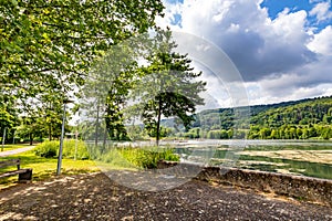 Viewpoint at rest area in park, promenade along Lake Echternach