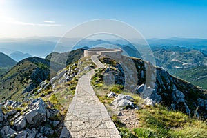 Viewpoint at the top of Jezerski mountain, near Njegos mausoleum in  Lovcen National Park. Montenegro. Summer blue montanian