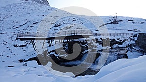 Viewpoint at Visitor centre on Trollstigen in snow in Norway in autumn