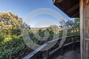 Viewpoint with wooden railing in a wooded area of the mountains