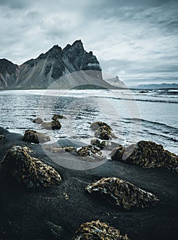 Views of the Atlantic ocean. Location Stokksnes cape, Vestrahorn, Iceland, Europe