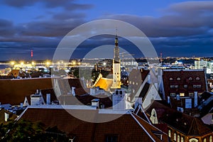 Views of the beautiful evening panorama of old Tallinn in light
