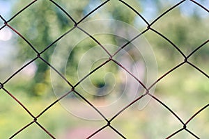 Views blurred summer landscape through the iron mesh