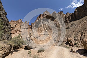 Views within the Charyn Canyon to the reddish sandstone cliffs. The canyon is also called valley of castles