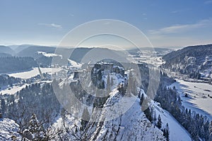 Views of Chateau de Joux Covered In Snow - La Cluse et Mijoux -