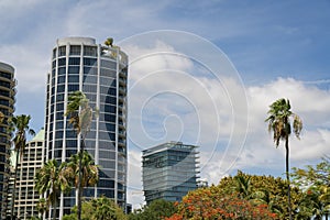 Views of circular and curved building condominiums at Miami, Florida